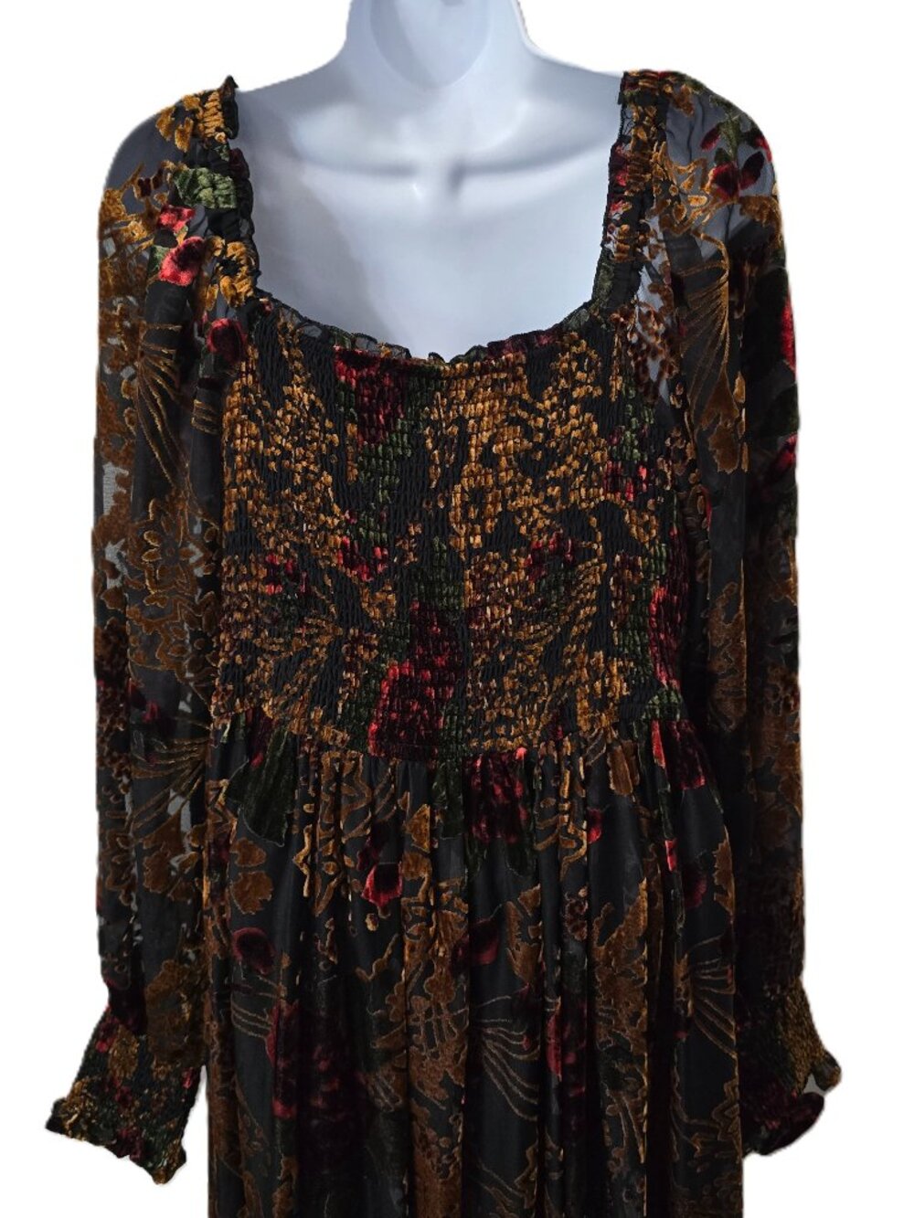 Baltic Born Velvet Burnout Dress L Maxi Puff Sleeve Smocked Black Copper Floral - Picture 7 of 12